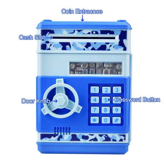 HUSAN piggy bank camo blue side view highlights durable ABS construction