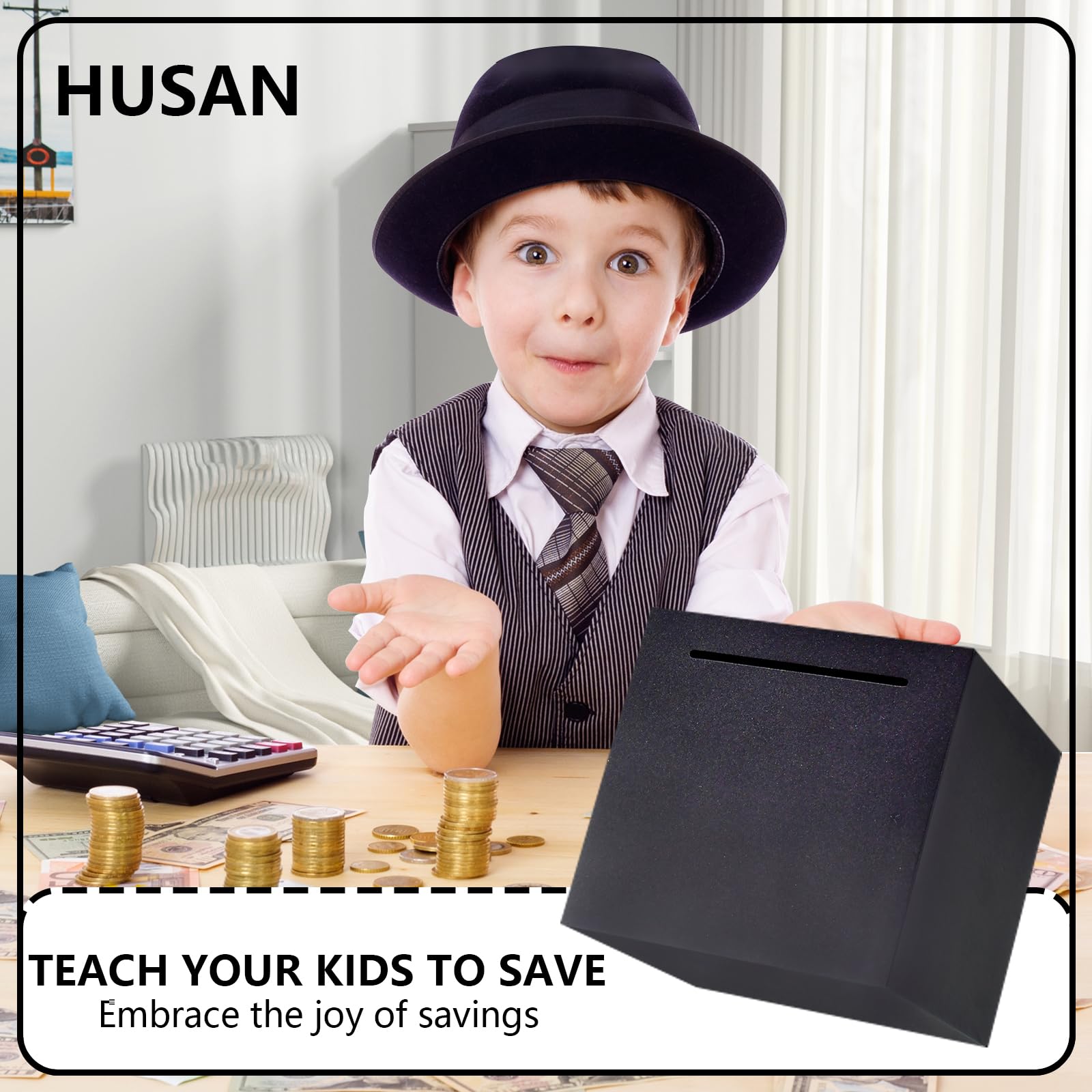 HUSAN compact design piggy bank fits small spaces while holding coins and bills.