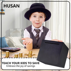 HUSAN compact design piggy bank fits small spaces while holding coins and bills.
