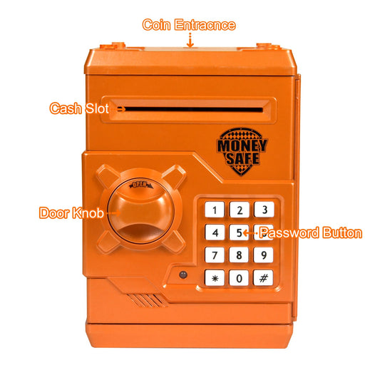 HUSAN piggy bank orange keypad close-up showing four digit code for security.