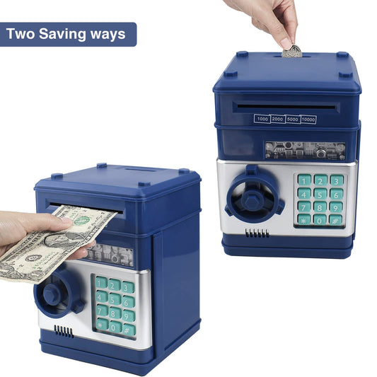 HUSAN piggy bank password-protected panel for secure kid savings.