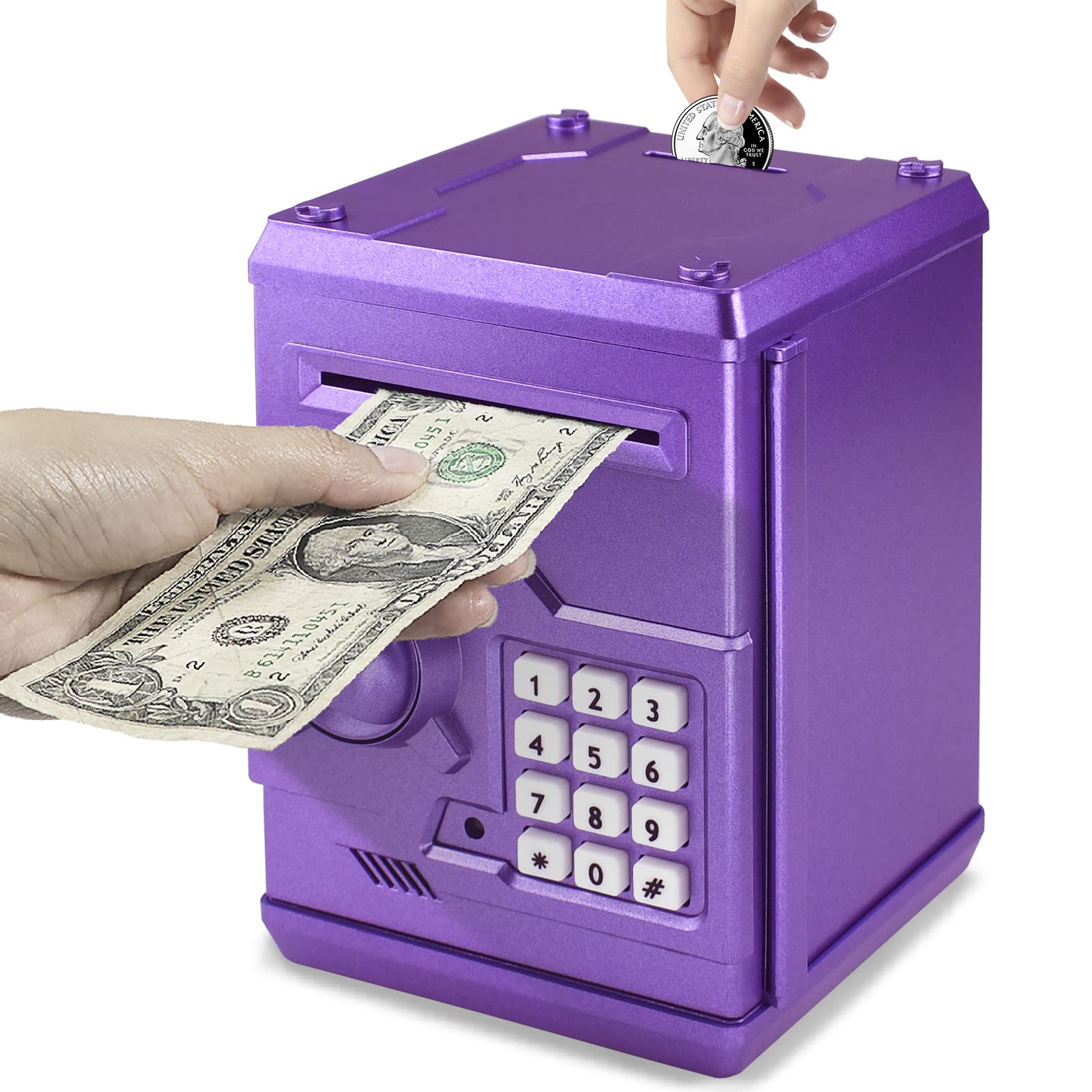 HUSAN piggy bank purple gold front view, durable kid-friendly Savings tool