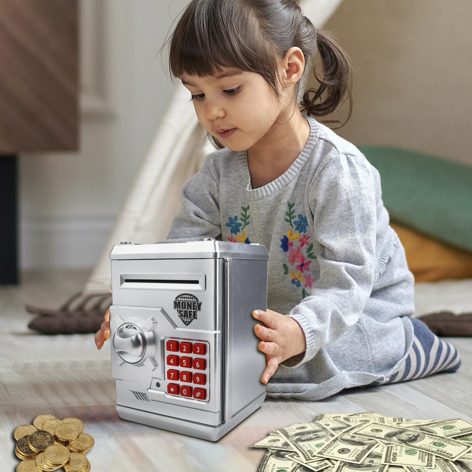 HUSAN piggy bank secure interior protects coins and notes.