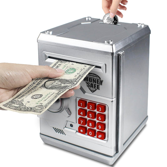HUSAN piggy bank in silver front view shows durable, kid-friendly design.