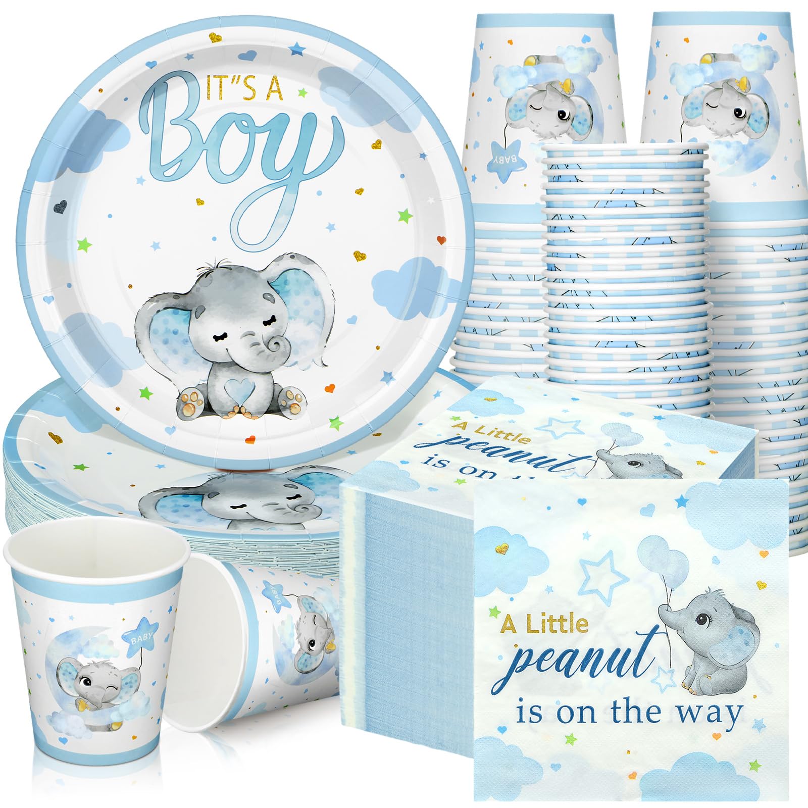 Hushee blue elephant baby shower plates for a charming party setup
