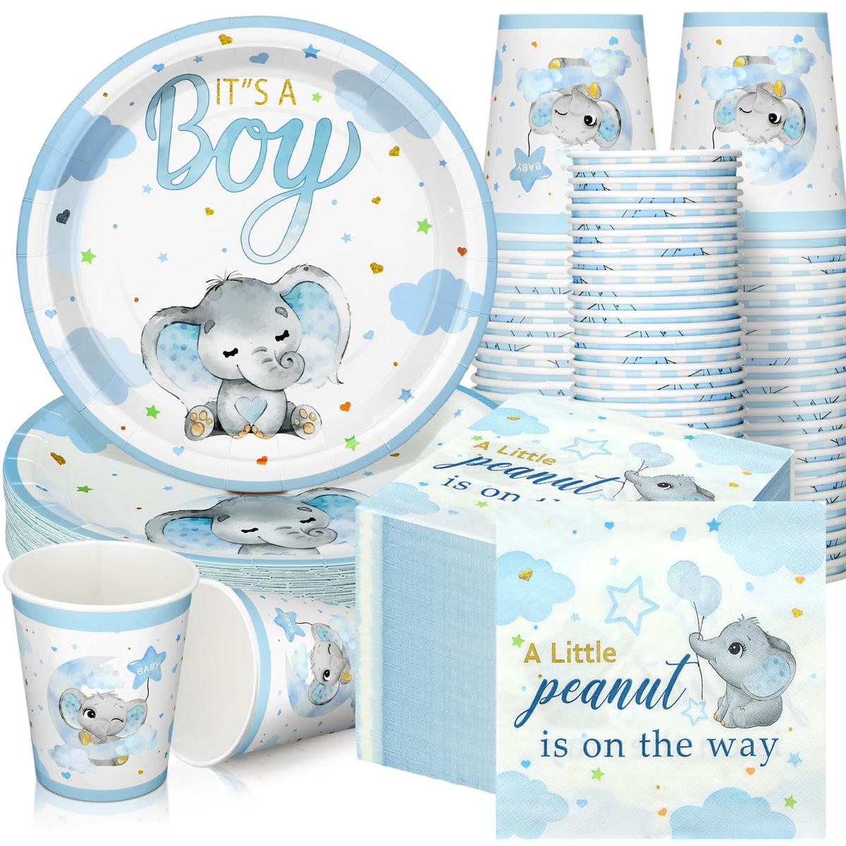 Hushee blue elephant baby shower plates for a charming party setup