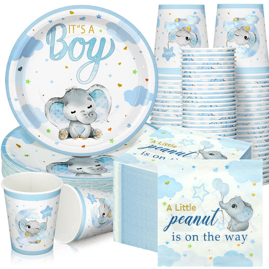 Hushee blue elephant baby shower plates for a charming party setup