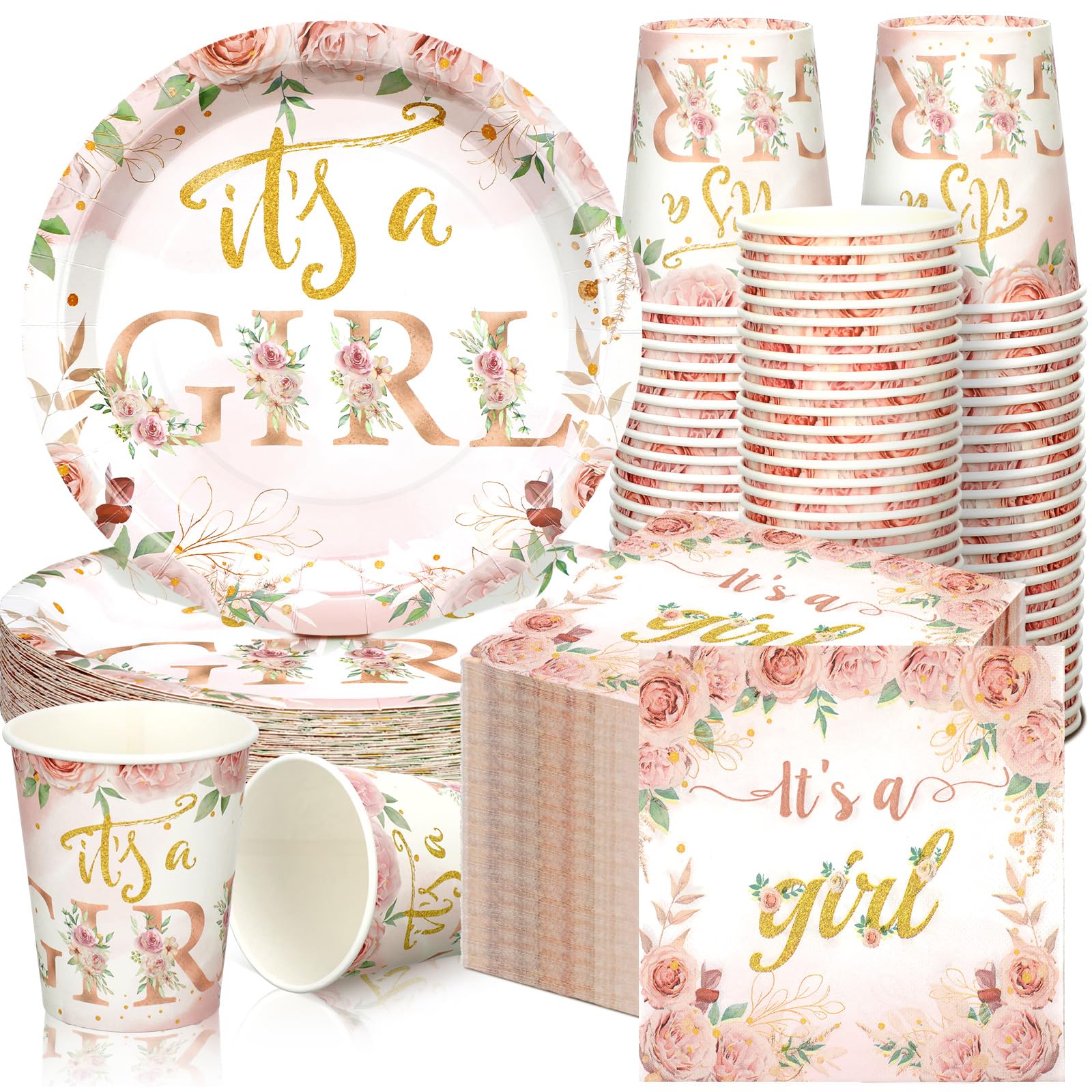Hushee rose gold floral plates for elegant baby shower table decor and easy cleanup.