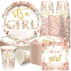 Hushee rose gold floral plates for elegant baby shower table decor and easy cleanup.