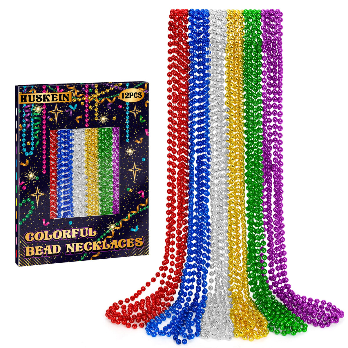 Huskein 12-piece Mardi Gras beads in 33-inch length for festive parade throws