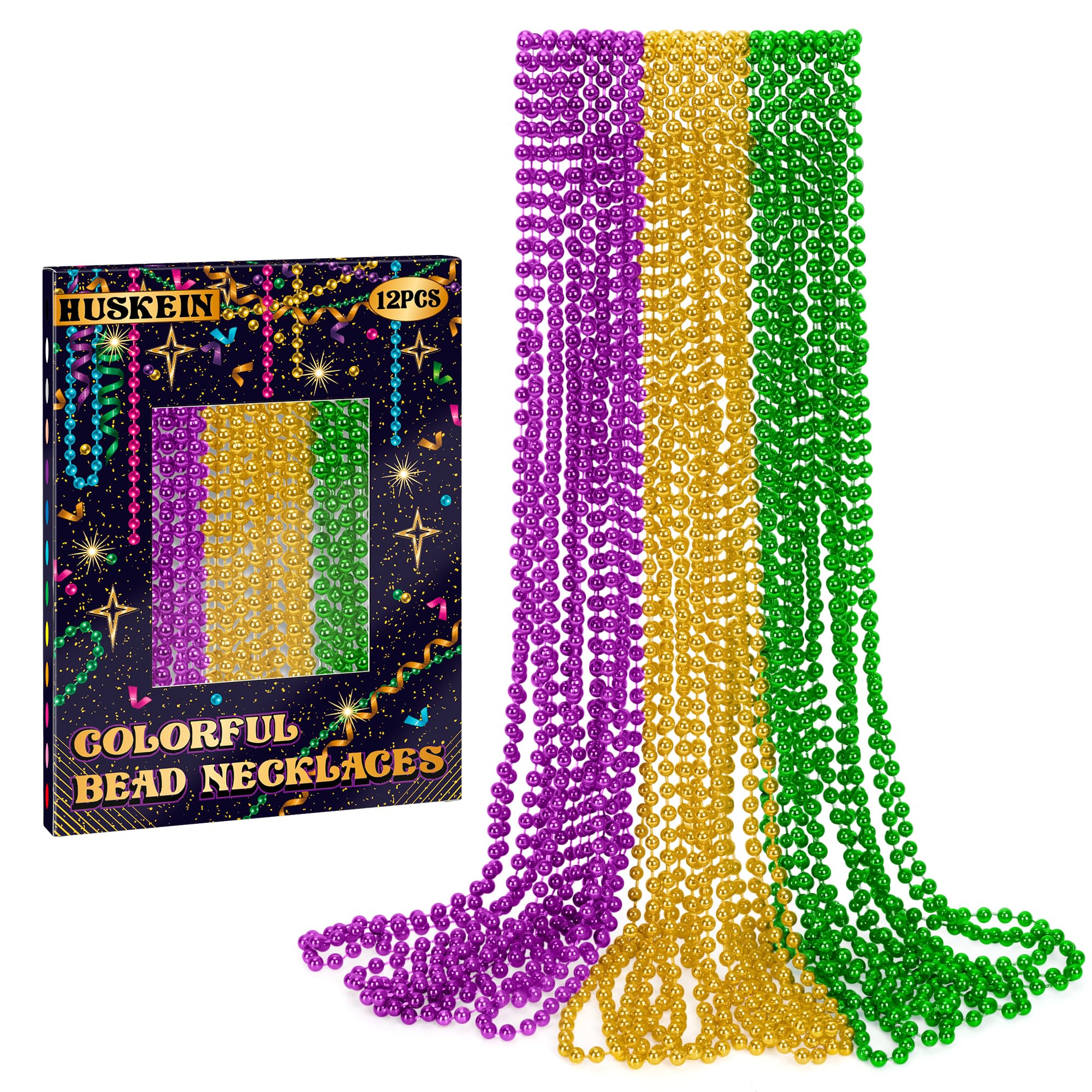 Huskein Mardi Gras beads 33-inch purple-green-gold for parade style and festive looks.