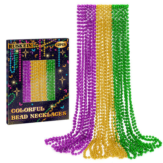 Huskein Mardi Gras beads 33-inch purple-green-gold for parade style and festive looks.