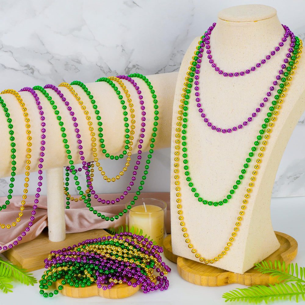 Huskein Mardi Gras beads lightweight plastic construction, comfortable for all-day wear.