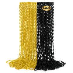Huskein Mardi Gras beads closeup showing durable black and gold necklace for festive wear