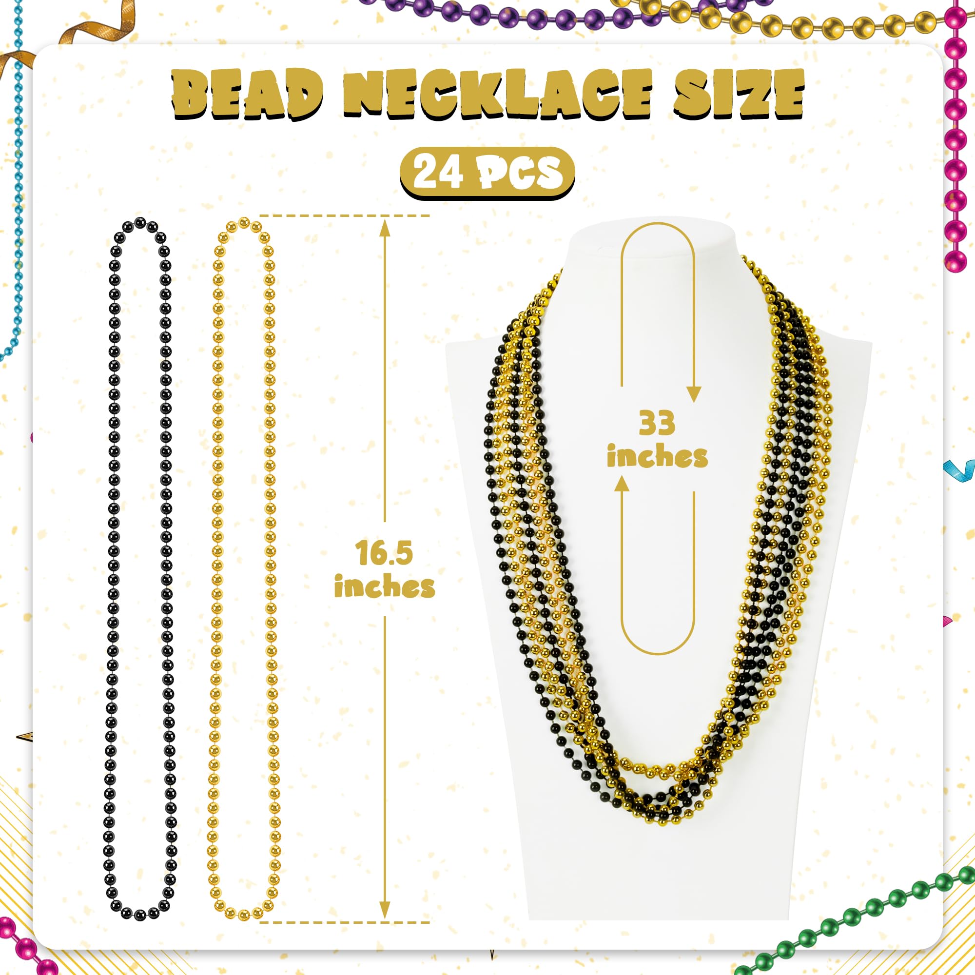 Huskein Mardi Gras beads fullview of black-gold beads ideal for parade outfits