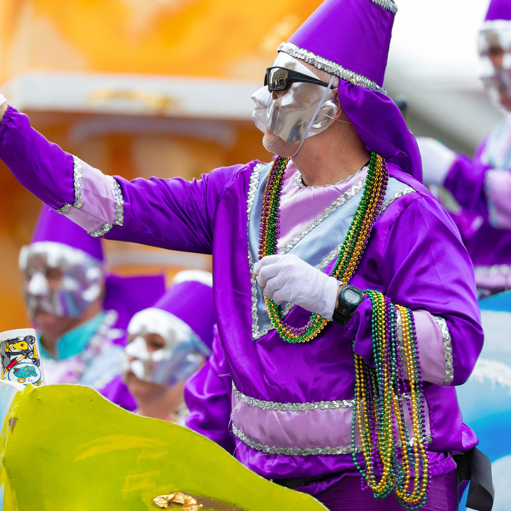 Festive Huskein Mardi Gras beads used as decorations and accents