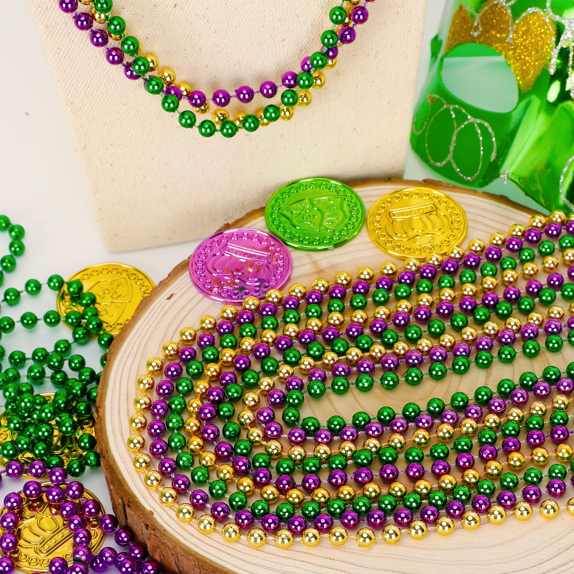 People wearing Huskein Mardi Gras beads during a parade