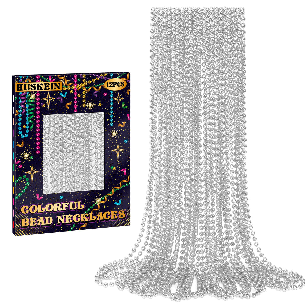 Huskein silver Mardi Gras beads 33-inch length shining for parades