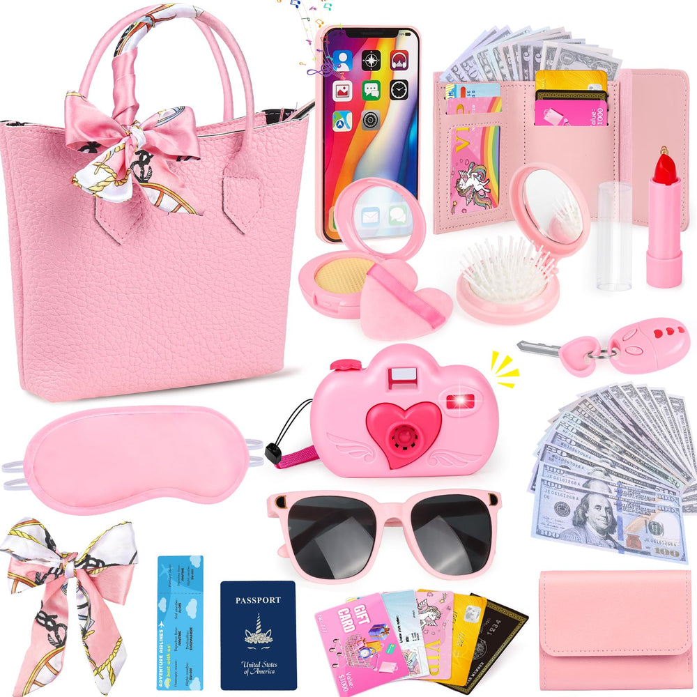 HUUIDY Play Purse handbag with zipper for organized pretend play on trips.