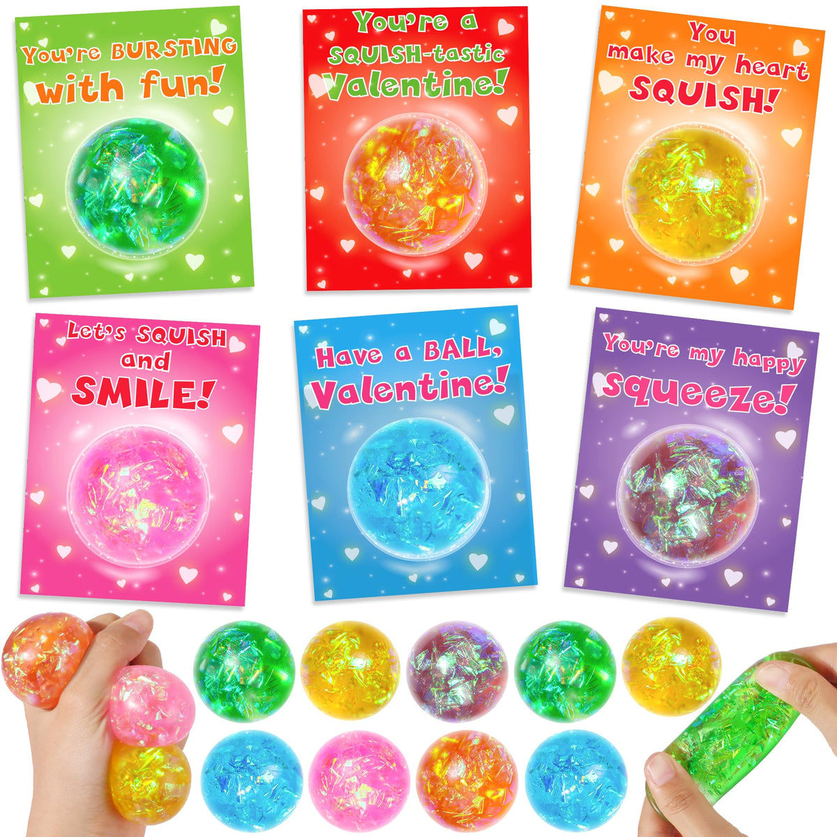 Huyamap glitter stress balls for classroom Valentine exchanges and sensory play.