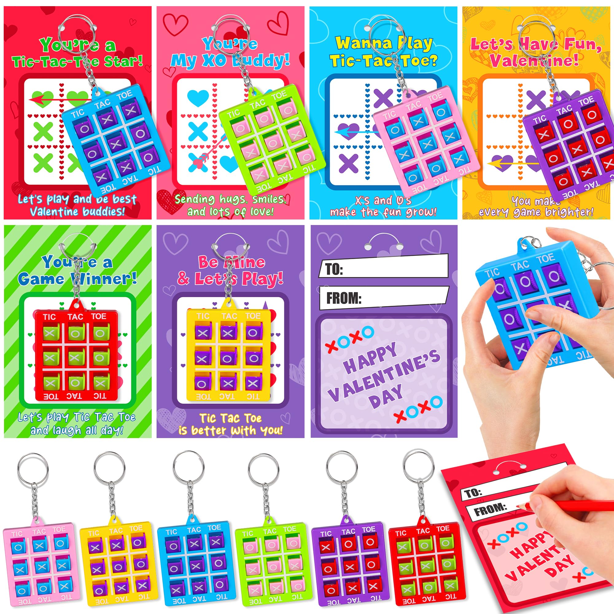 Huyamap 24-pack valentines tic tac toe keychains and cards for classroom exchanges