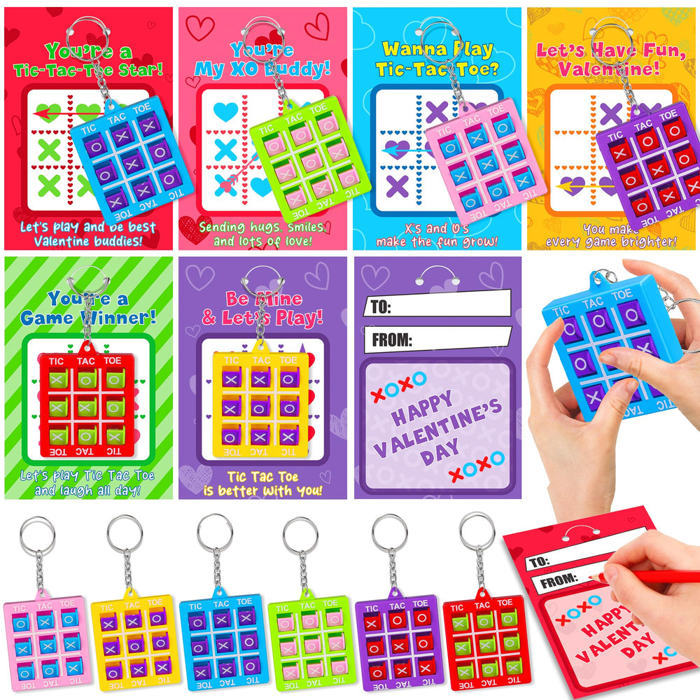 Huyamap 24-pack valentines tic tac toe keychains and cards for classroom exchanges