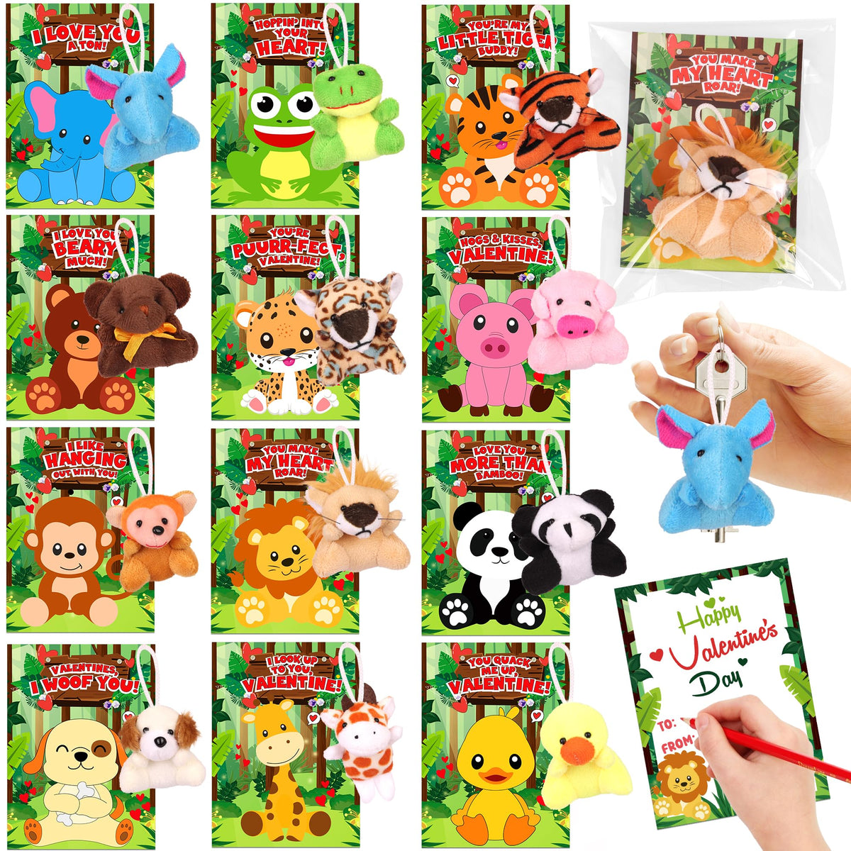 Huyamap 24-pack valentines animals plush with cards, ready for classroom exchanges