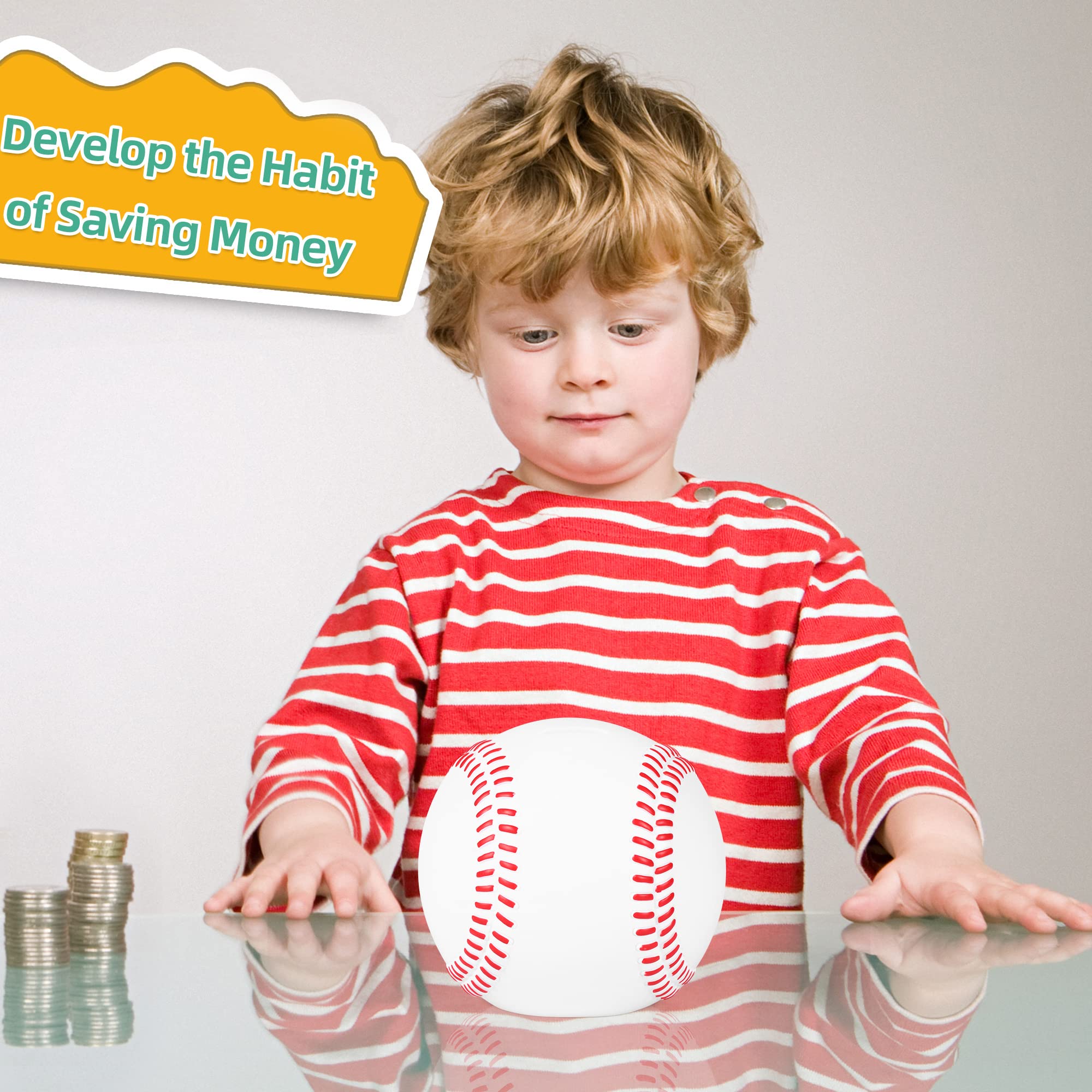 HW Baseball Piggy Bank on shelf, doubles as playful home decor.