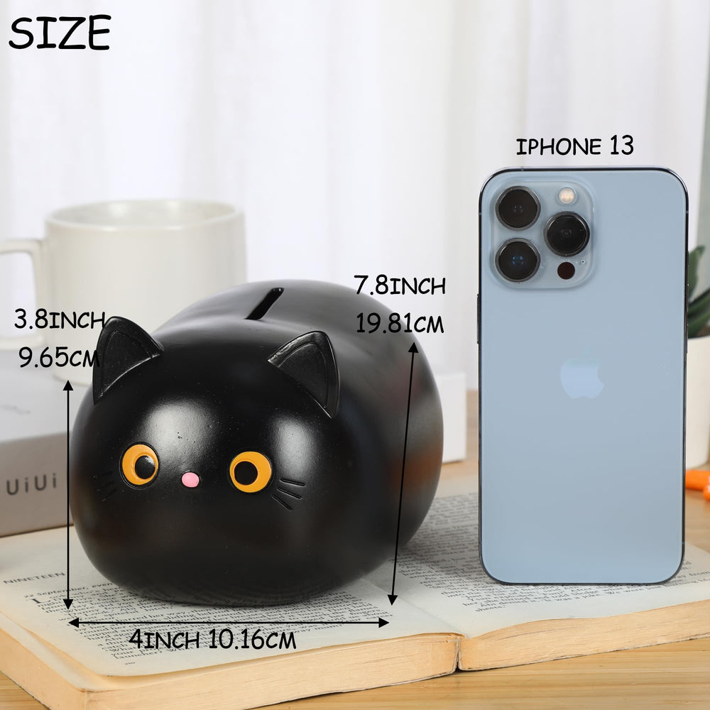 H&W Black Cat Piggy Bank crafted from durable plastic blending playful decor with function.