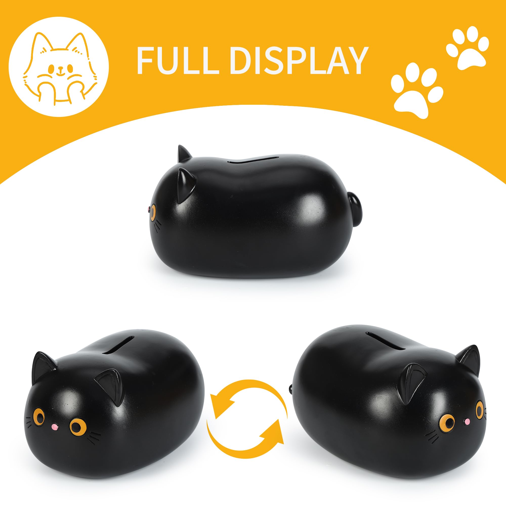 H&W Black Cat Piggy Bank side view highlights flexible, unbreakable plastic for lasting use.