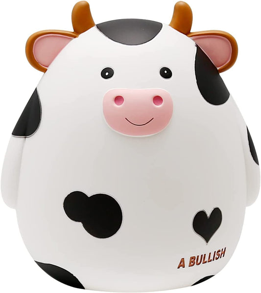 HW Cow Piggy Bank white front view; durable and kid-friendly for daily savings.