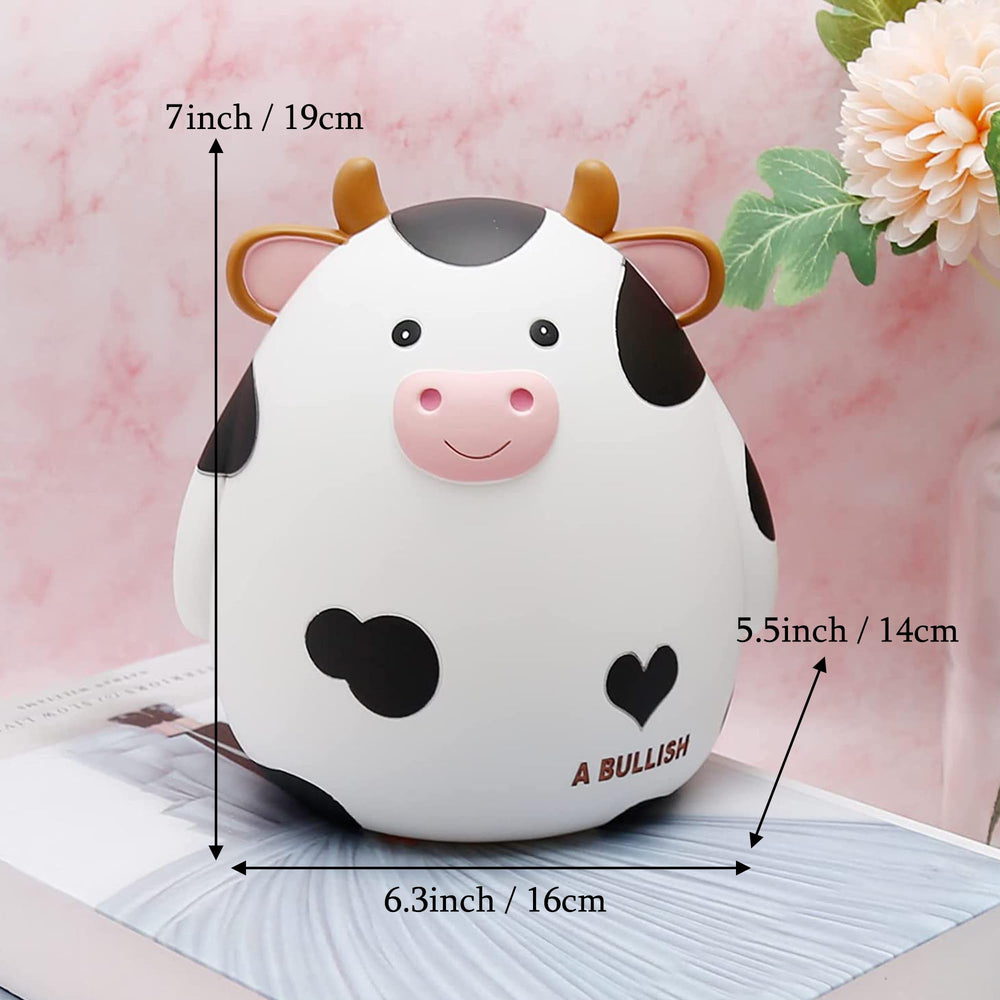 HW Cow Piggy Bank white side view; smooth grip ideal for small hands.