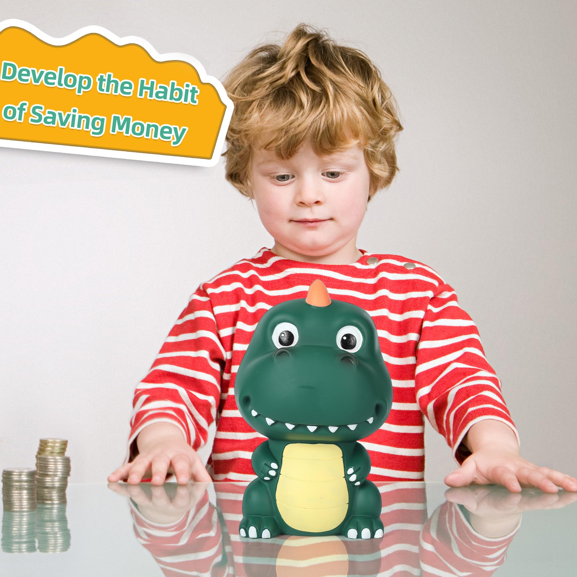 H&amp;W Dinosaur Money Bank close-up head emphasizes the cute design.