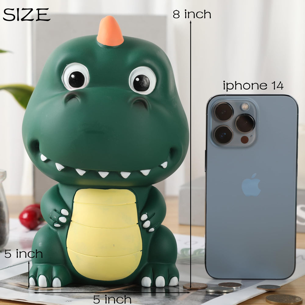 H&amp;W Dinosaur Money Bank material plastic indicates non-toxic, durable construction.
