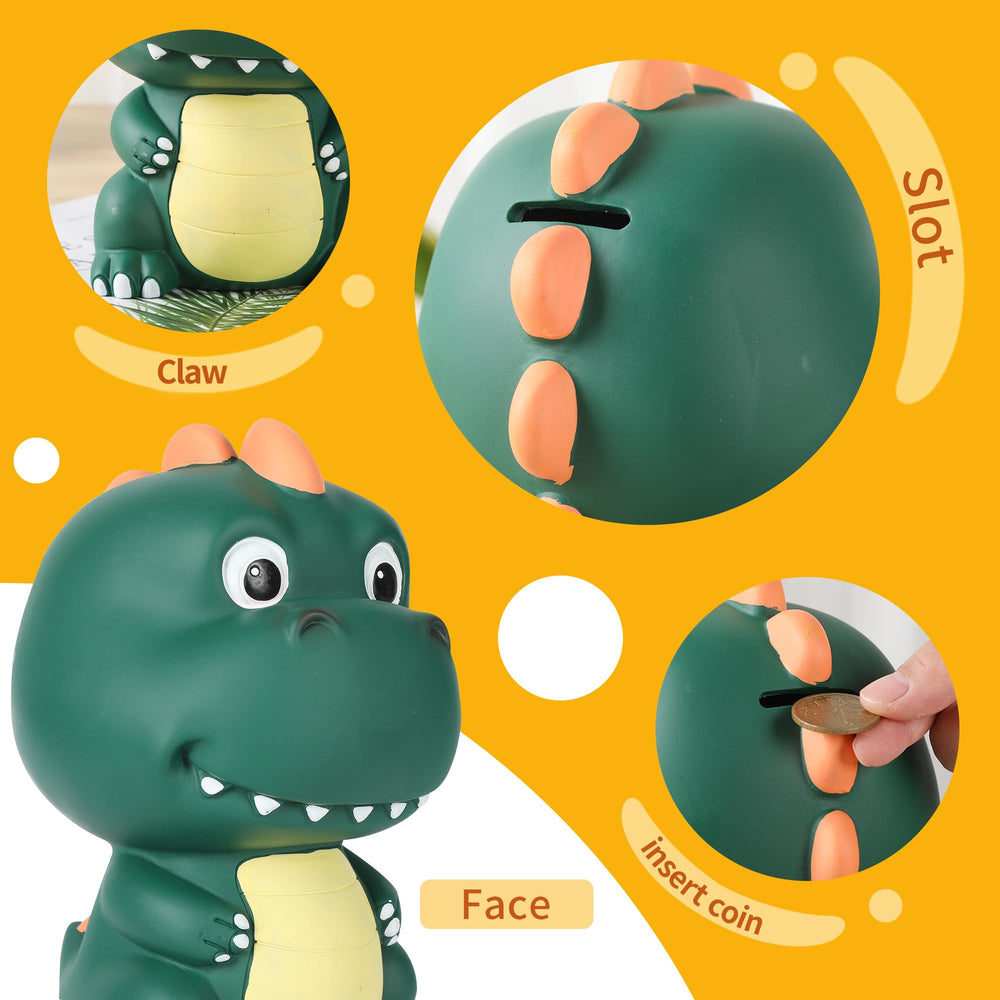 H&amp;W Dinosaur Money Bank top slot demonstrates easy coin insertion for young savers.