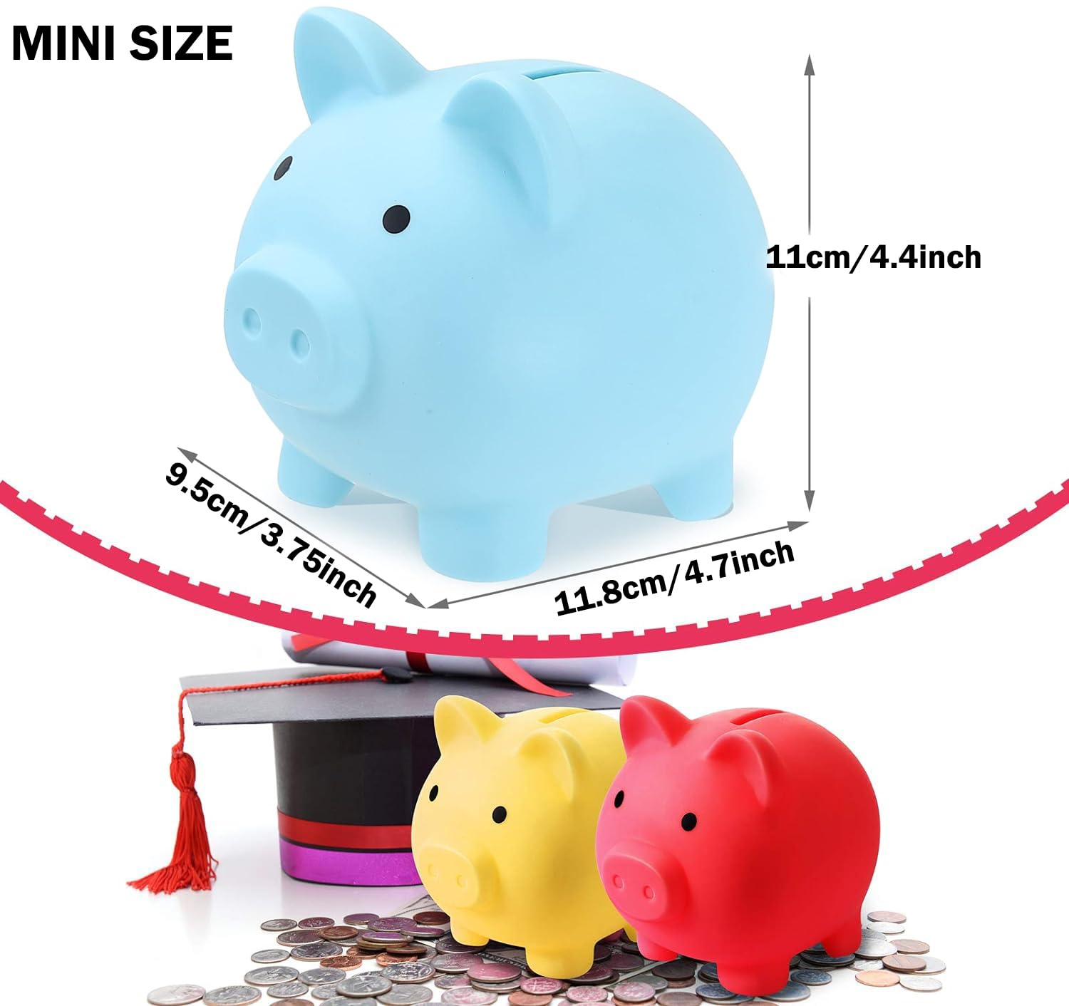H&W Mini Piggy Bank blue compact size fits desks and shelves
