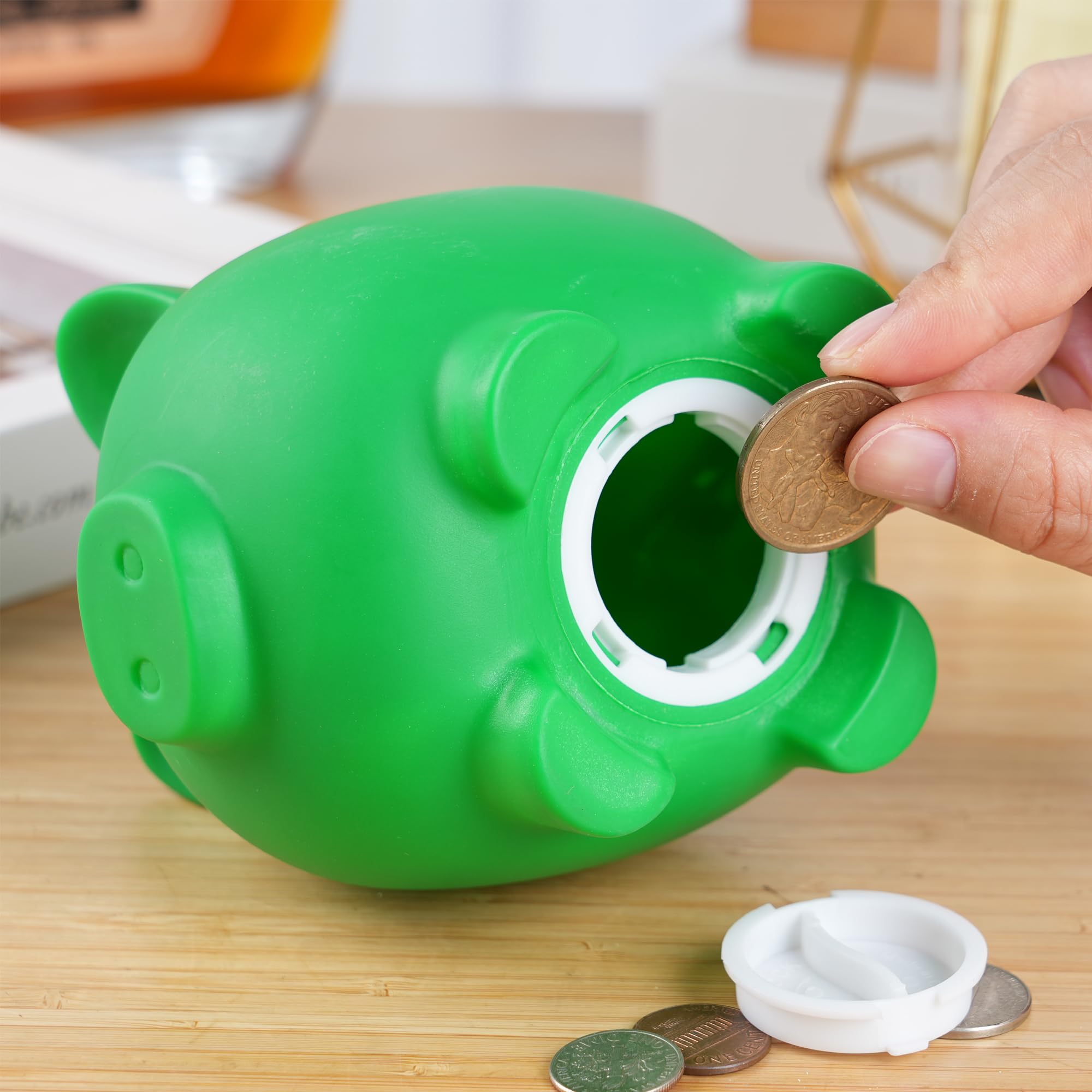 H&W Piggy Bank bottom plug enables simple, secure coin retrieval.