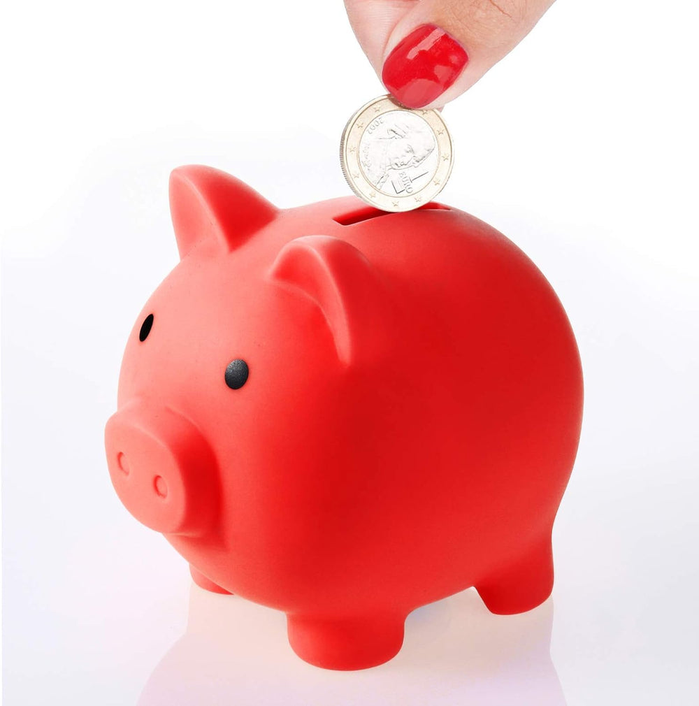 H&W red plastic piggy bank as a thoughtful gift idea for kids