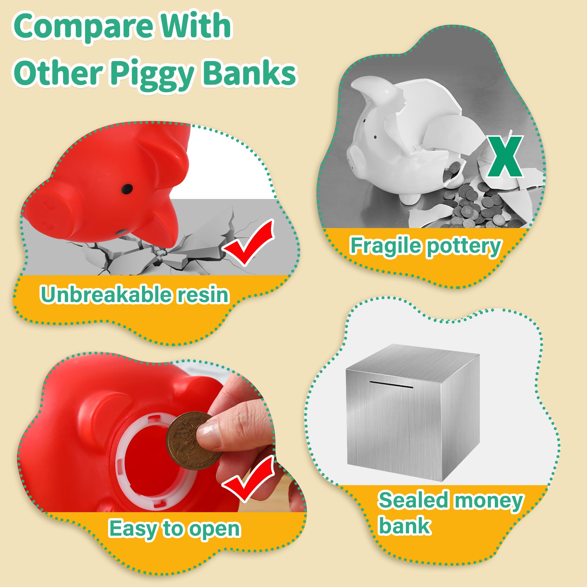 H&W mini piggy bank red bottom plug showcasing secure coin retrieval when ready