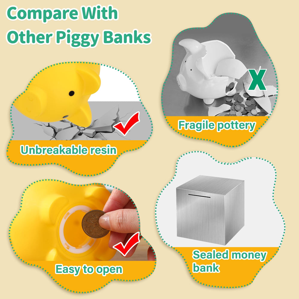 H&amp;W Mini Piggy Bank yellow close-up shows durable PVC vinyl construction