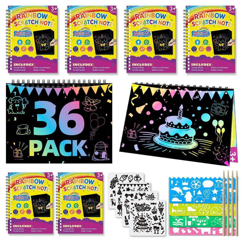 HXDOGSP scratch art notebook 36-pack reveals rainbow colors for creative play.