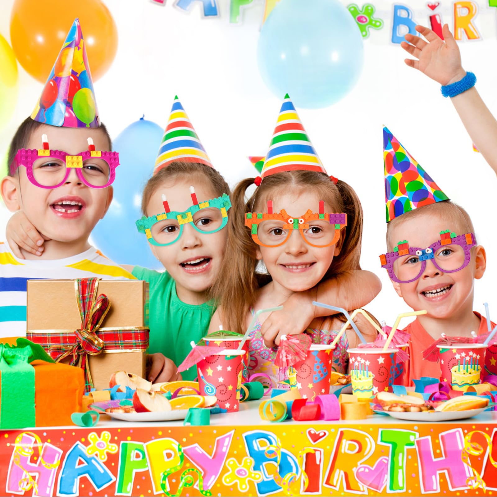 Hxezoc party setup featuring color glasses and bricks for engaging kids' activities.