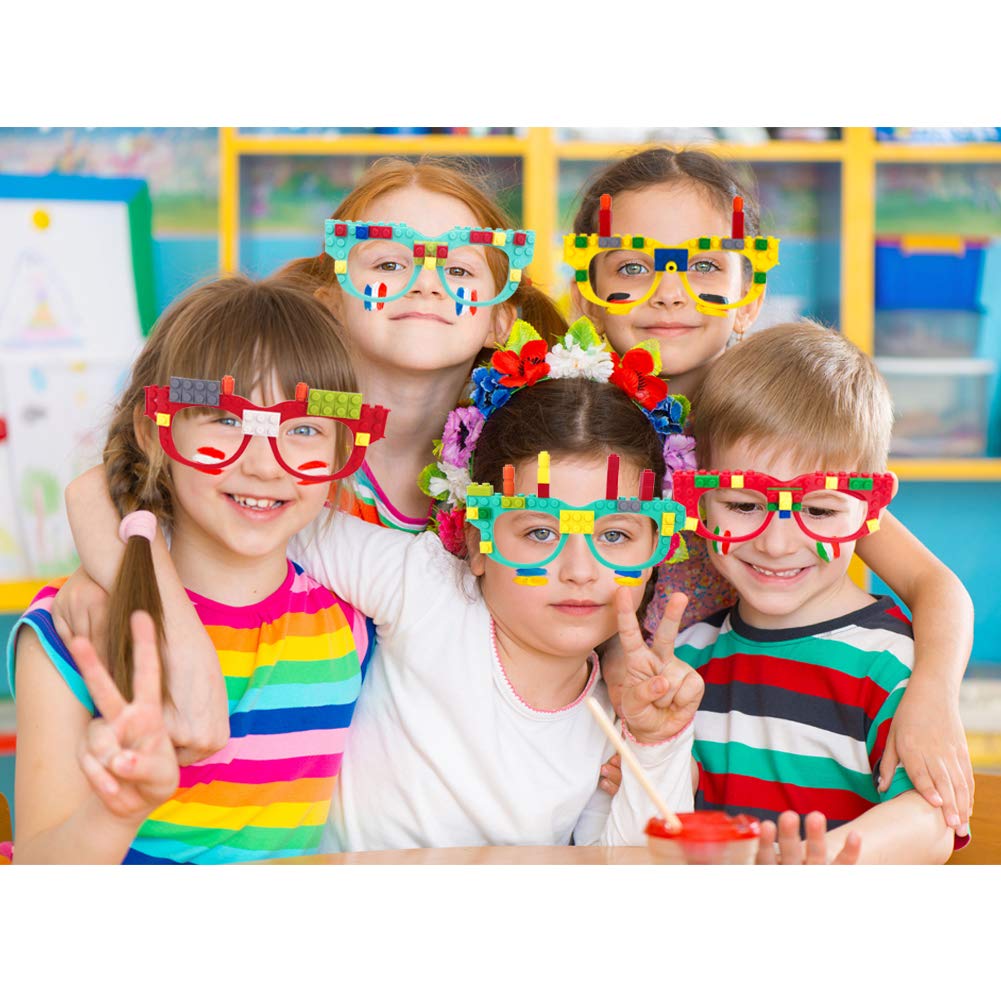 Kids wear colorful Hxezoc bricks glasses during play and party games