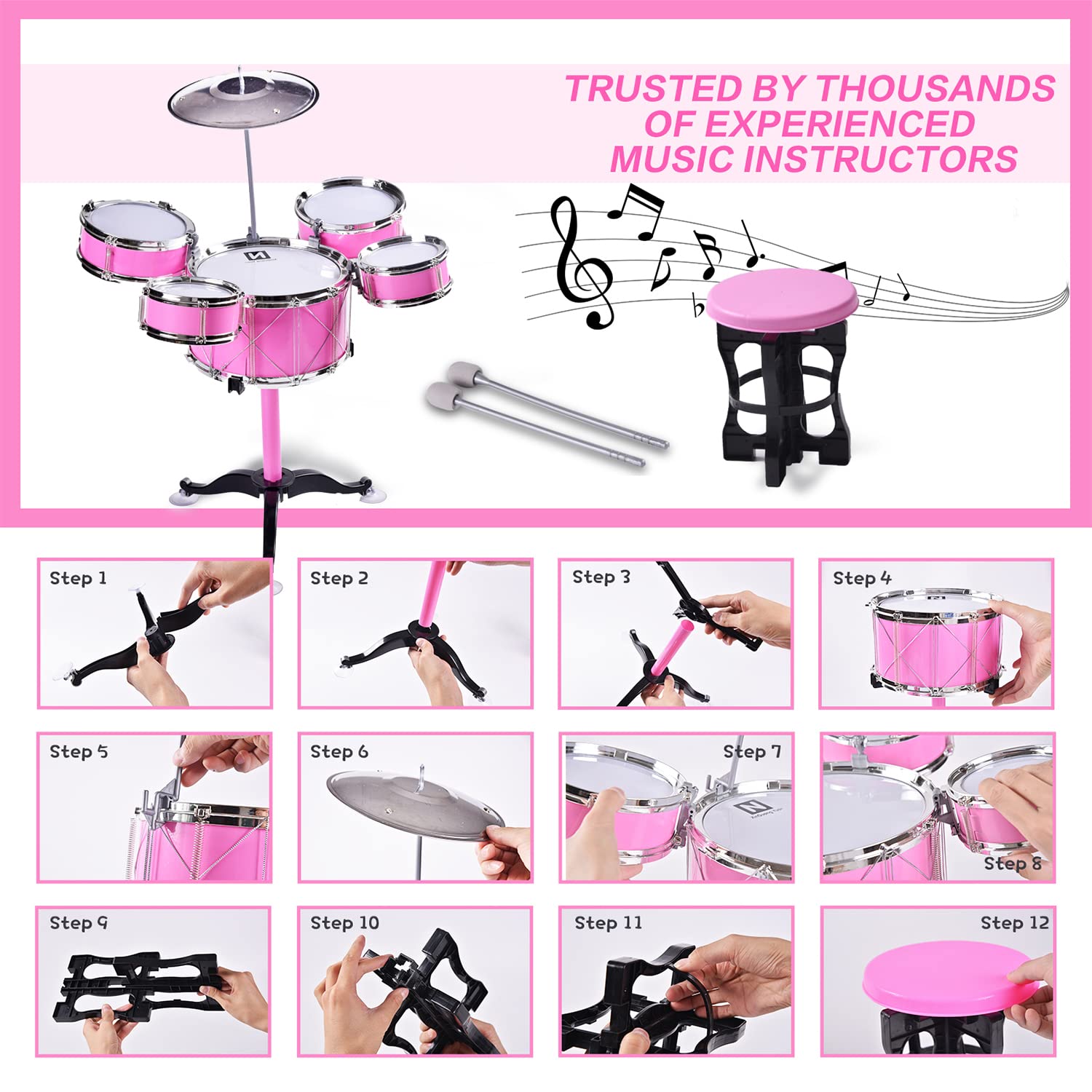 HXIA kids drum set pink cymbal for pretend jam sessions.