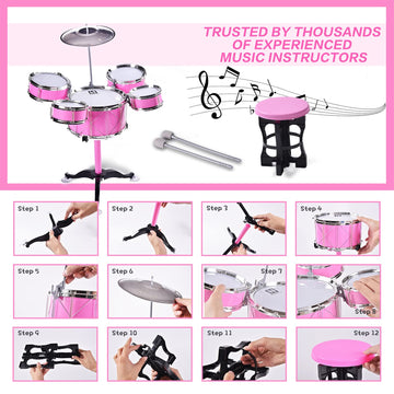 HXIA kids drum set pink cymbal for pretend jam sessions.
