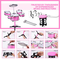 HXIA kids drum set pink cymbal for pretend jam sessions.