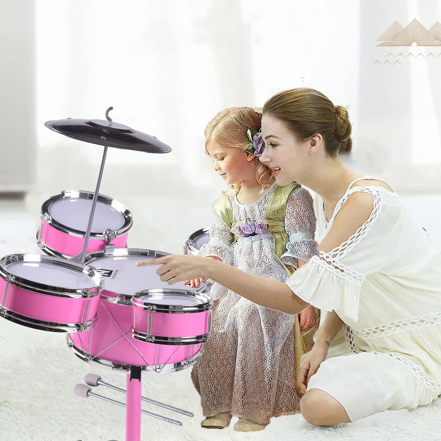 HXIA kids drum set pink drum sticks for easy striking practice.