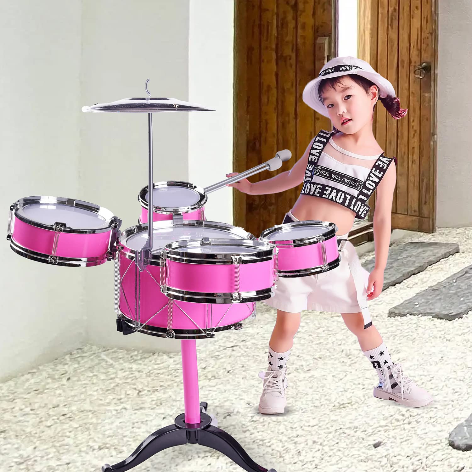 HXIA kids drum set pink small stool for comfortable seating.