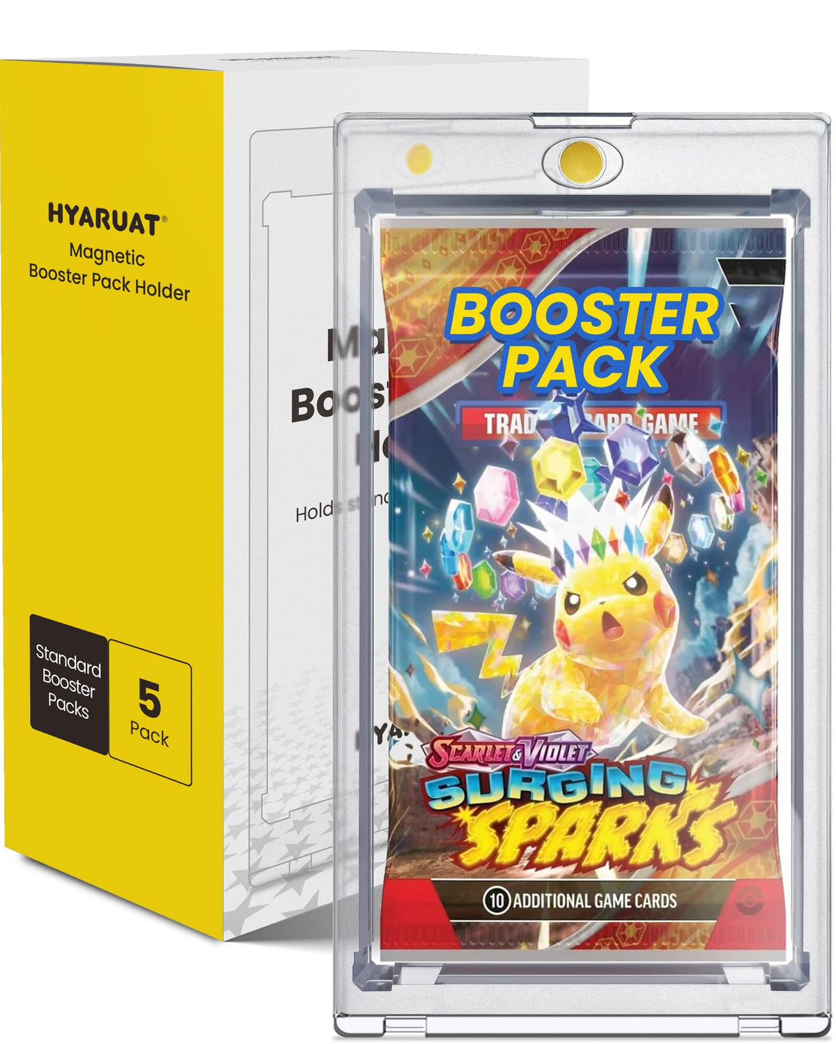 HYARUAT magnetic booster pack holder front view showing clear display and protection