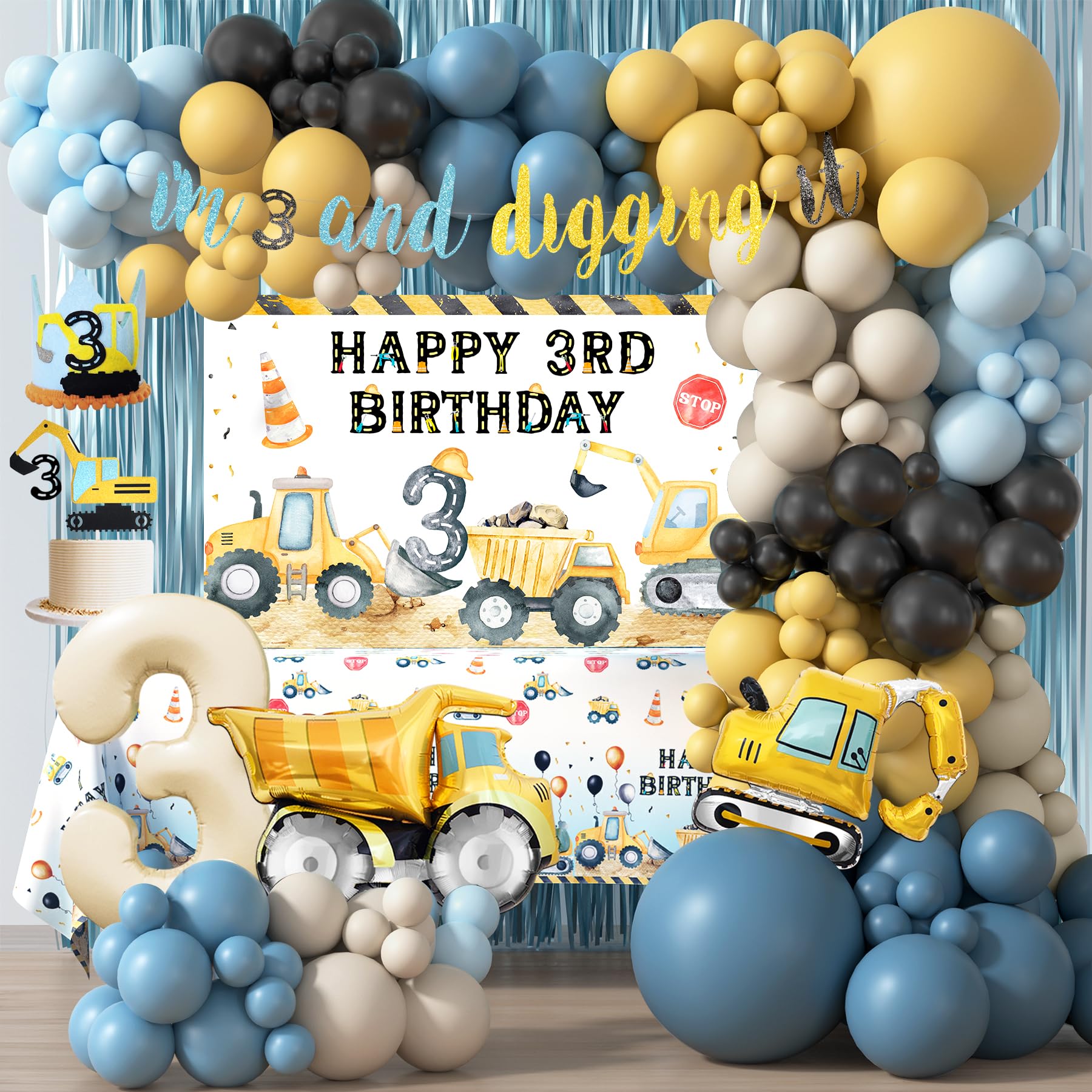 HYCSANBAO construction backdrop for a 3rd birthday party, adds bold color and theme